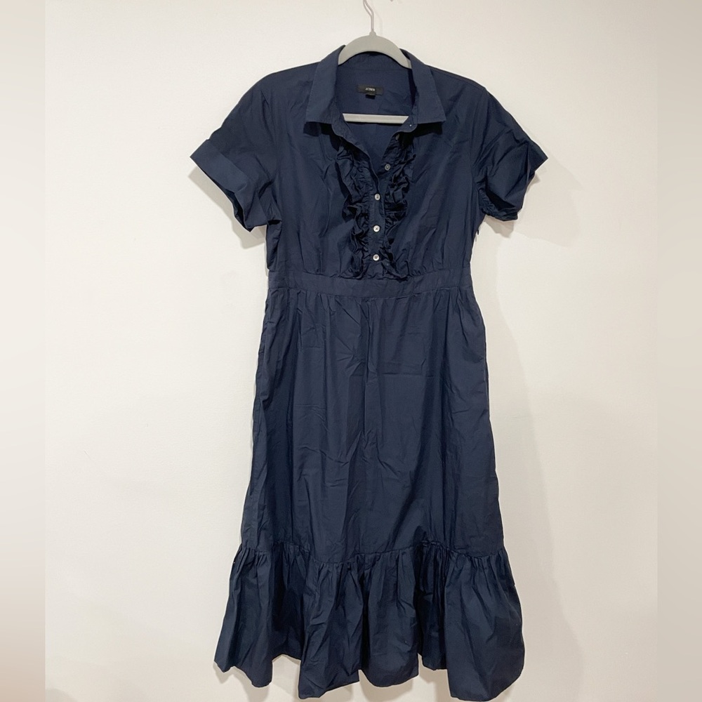 J.Crew Poplin Ruffle Navy Blue Cotton Dress Size 10